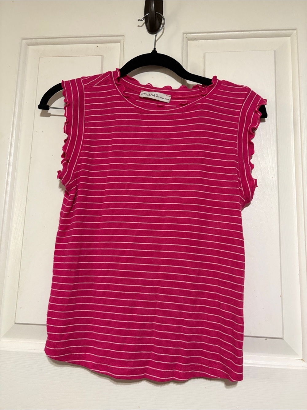 Zenana Outfitters Hot Pink & White Striped Ruffle Neck Top